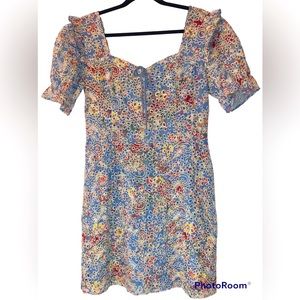 Adelyn Rae Floral Dress Eyelet cutout Blue Puffy Sleeve Size Large Cottagecore